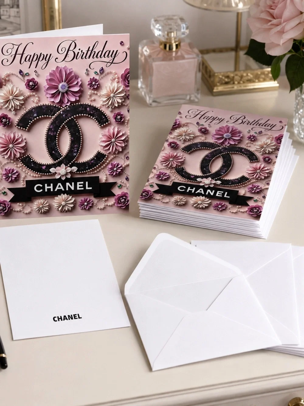 Luxury Pink Chanel Birthday Card Set of 6 with Envelopes